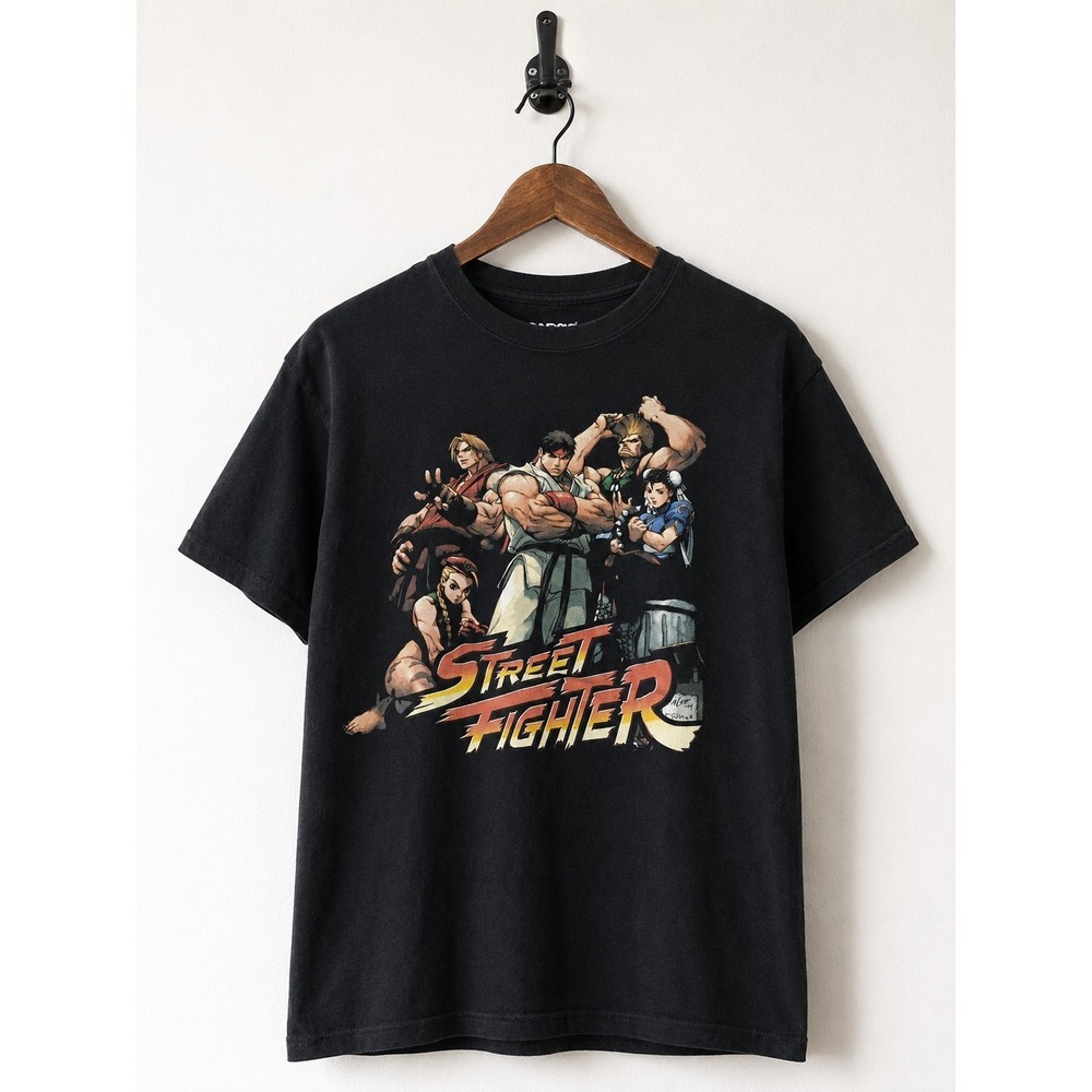 Capcom Street Fighter Graphic T-Shirt Black Size Large Ryu Ken Chun-Li Gamer Tee